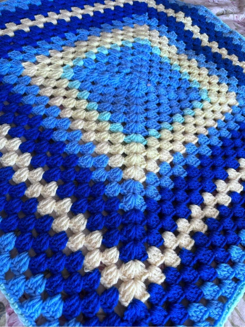 Handmade Blue and Cream/Yellow Crochet Granny Square Throw - Baby Blanket 27x27
